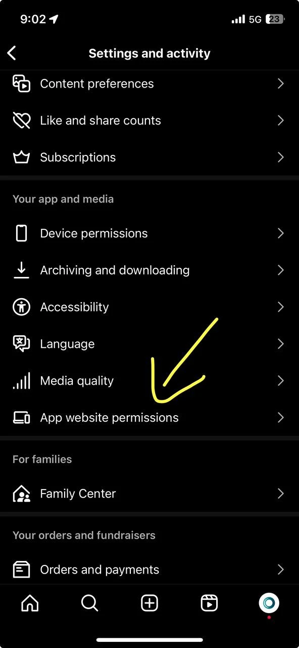 Instagram Settings and activity showing App website permissions highlighted
