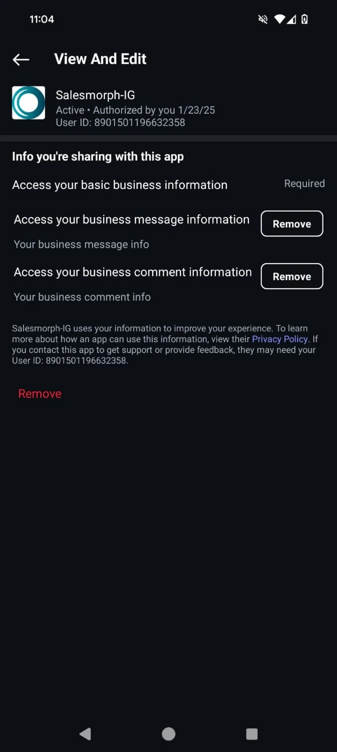 View and edit screen for LinktoDM permissions with remove button