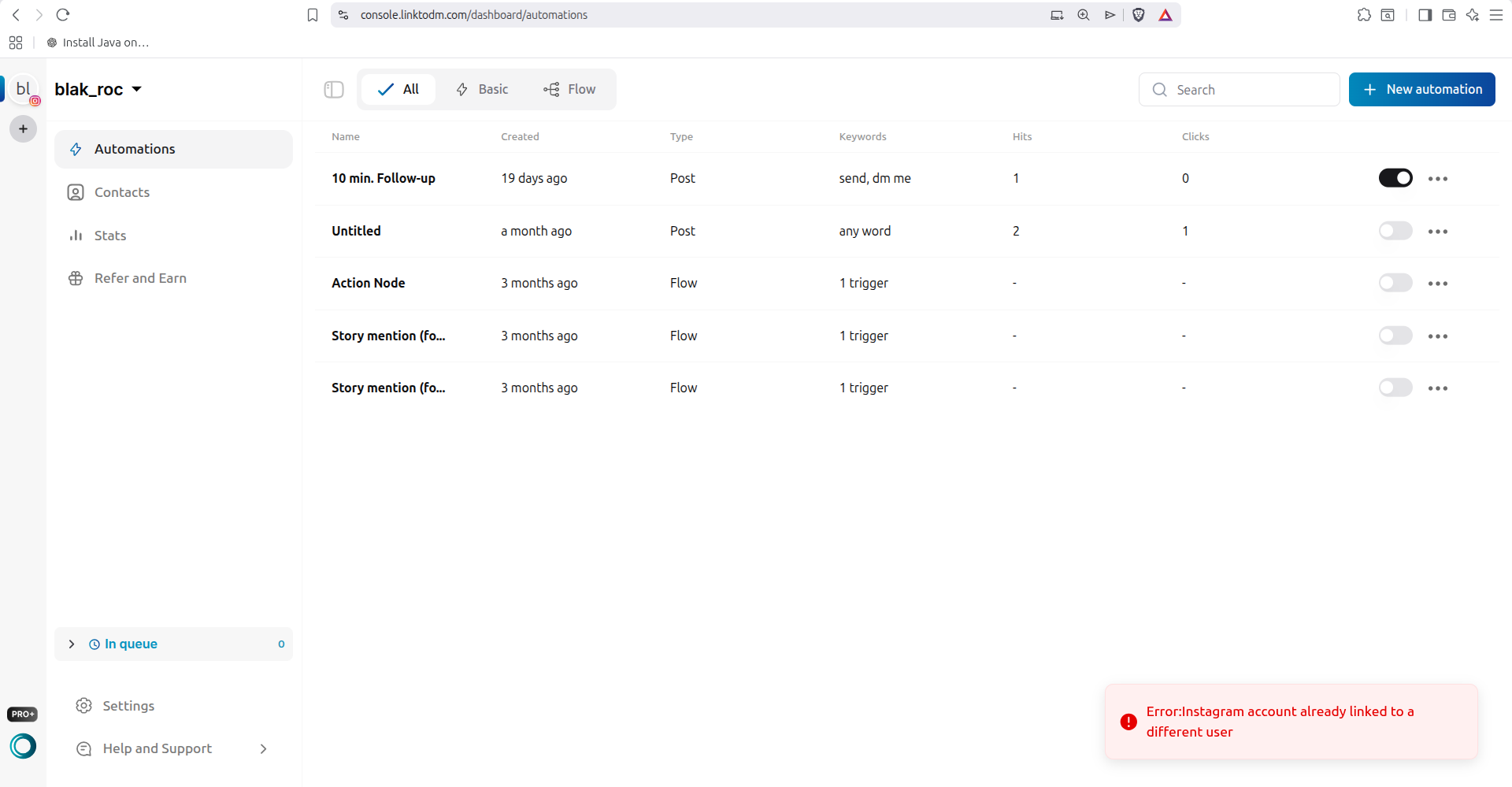 LinktoDM dashboard showing the error: Instagram account already linked to a different user