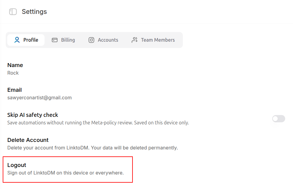 Logging out of the current LinktoDM account from the profile menu