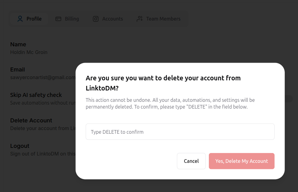 Deleting the LinktoDM account to release the Instagram link