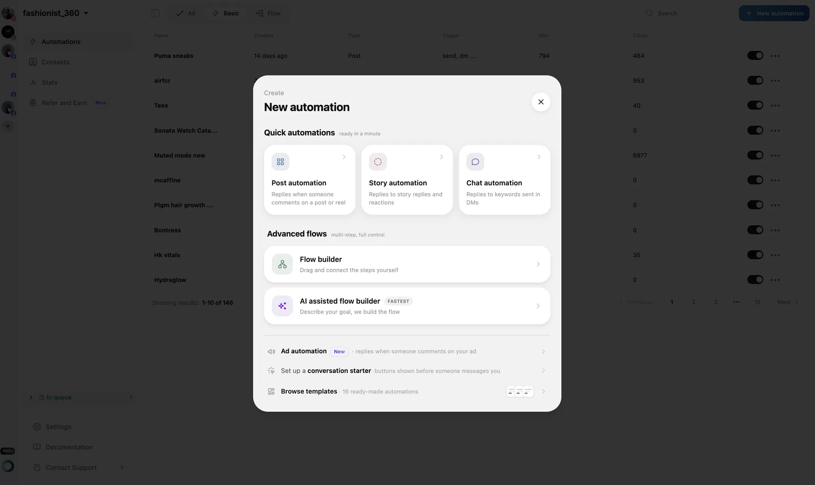 LinktoDM New automation dialog showing Quick automations for Post, Story and Chat, Advanced flows with Flow builder and AI assisted flow builder, plus Ad automation, conversation starter and templates