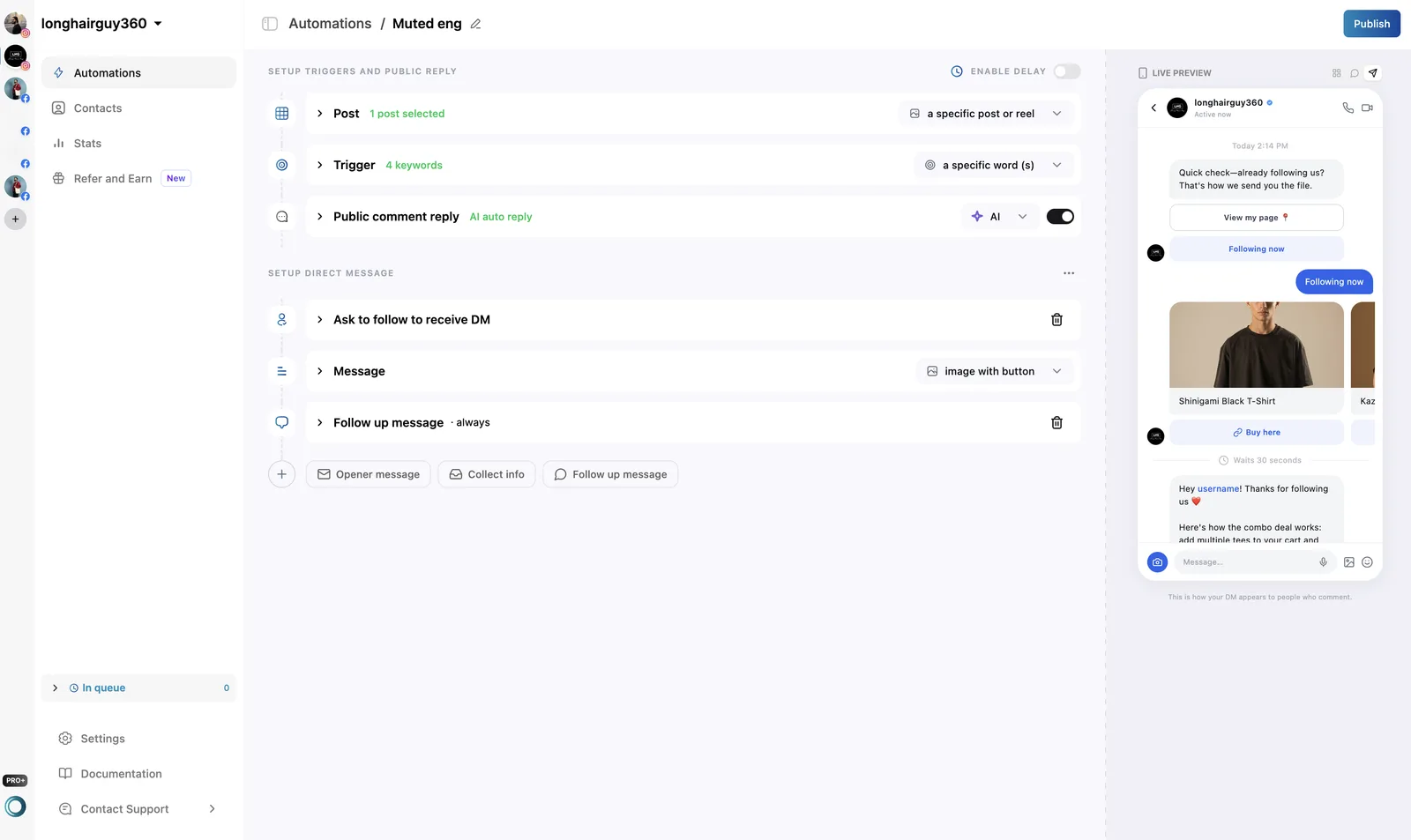 LinktoDM Comment to DM automation editor with Post, Trigger and AI public comment reply steps, then Ask to follow, an image with button message and a follow up message, with a live Instagram DM preview on the right