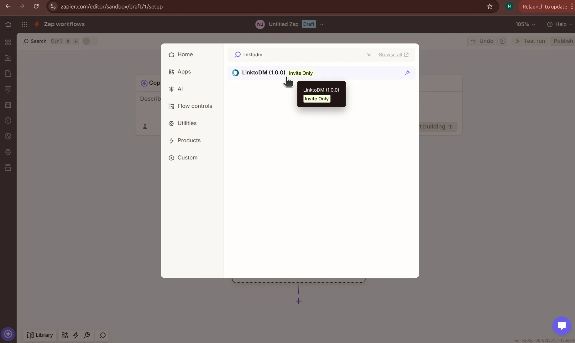 Zapier's app picker search results for linktodm, showing LinktoDM (1.0.0) tagged Invite Only
