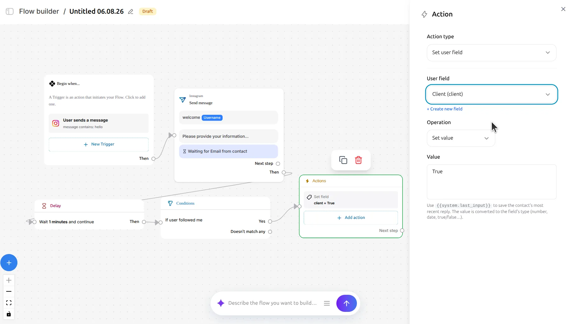 LinktoDM Action panel configuring Set user field, writing True to the Client field, with the surrounding flow on the canvas