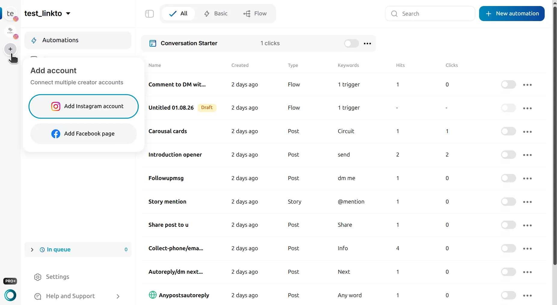 LinkToDM Add account popover offering Add Instagram account and Add Facebook page