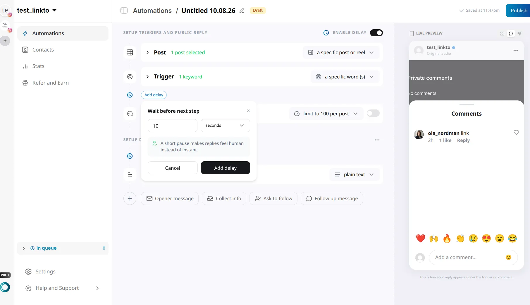 LinktoDM Wait before next step dialog with a value of 10, a unit dropdown set to seconds, and Add delay and Cancel buttons