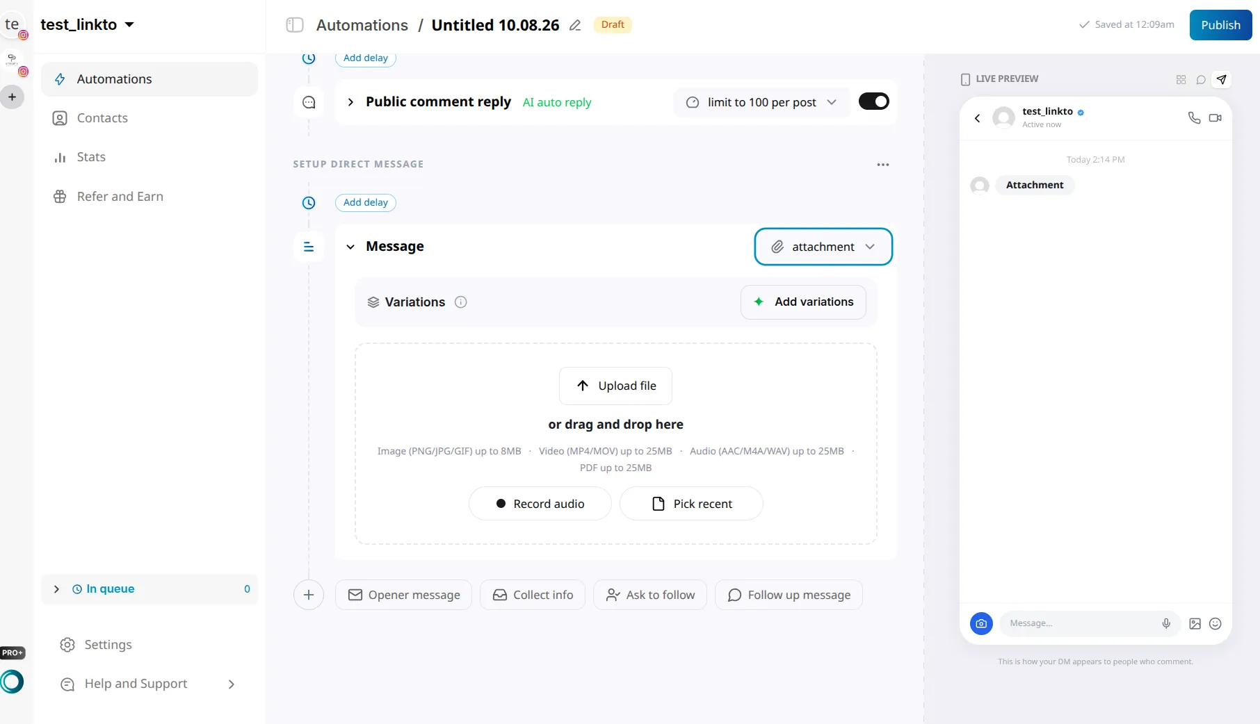 LinktoDM Message card set to attachment, with an upload area listing supported file types and Record audio and Pick recent buttons