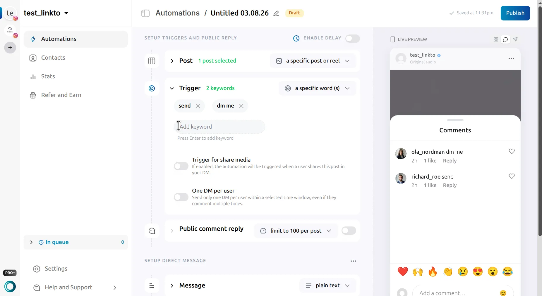LinkToDM automation editor showing Post, Trigger, Public comment reply and Message sections beside a live preview