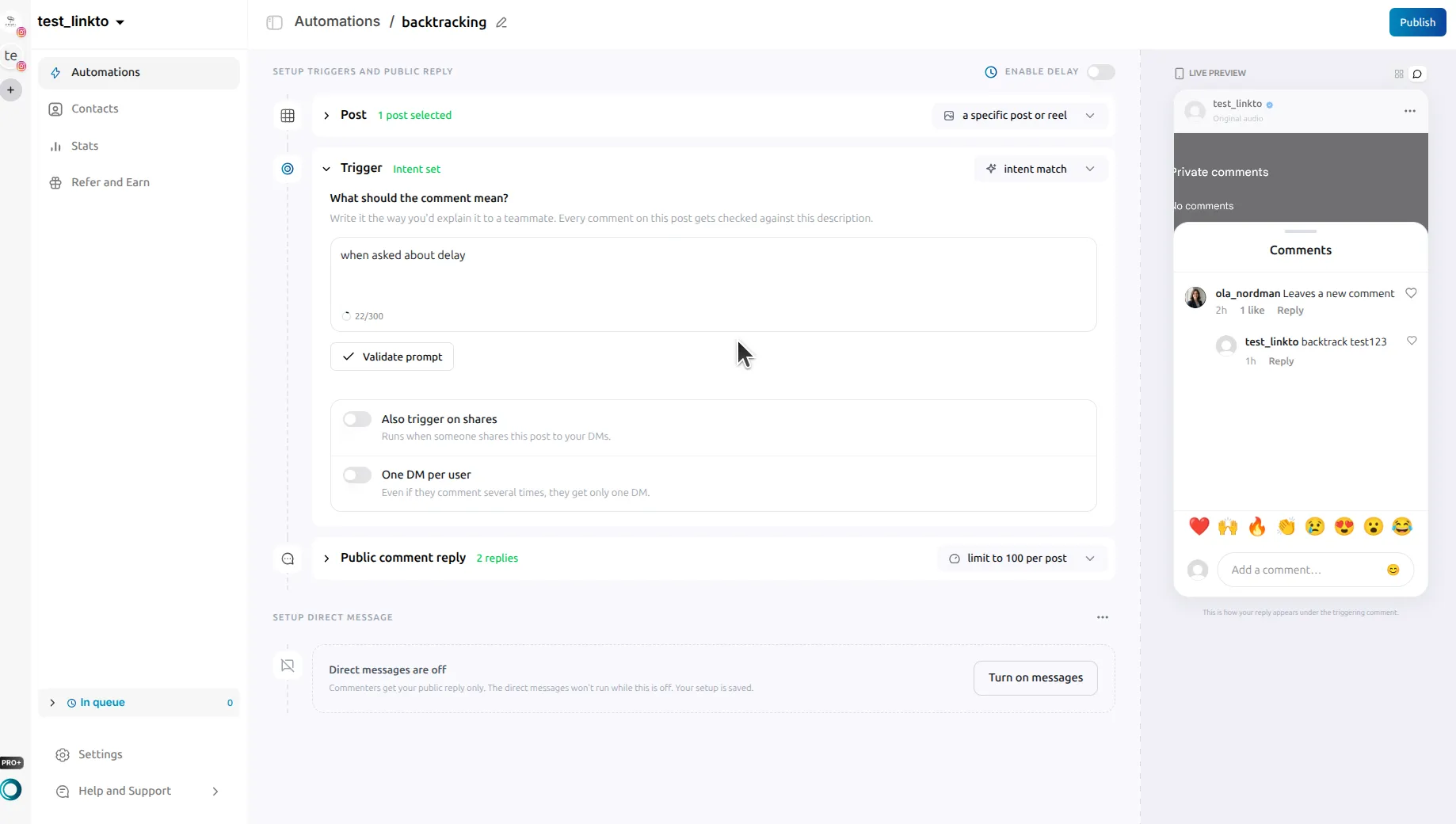 LinktoDM automation editor for an automation named backtracking, using an intent match trigger with the description when asked about delay