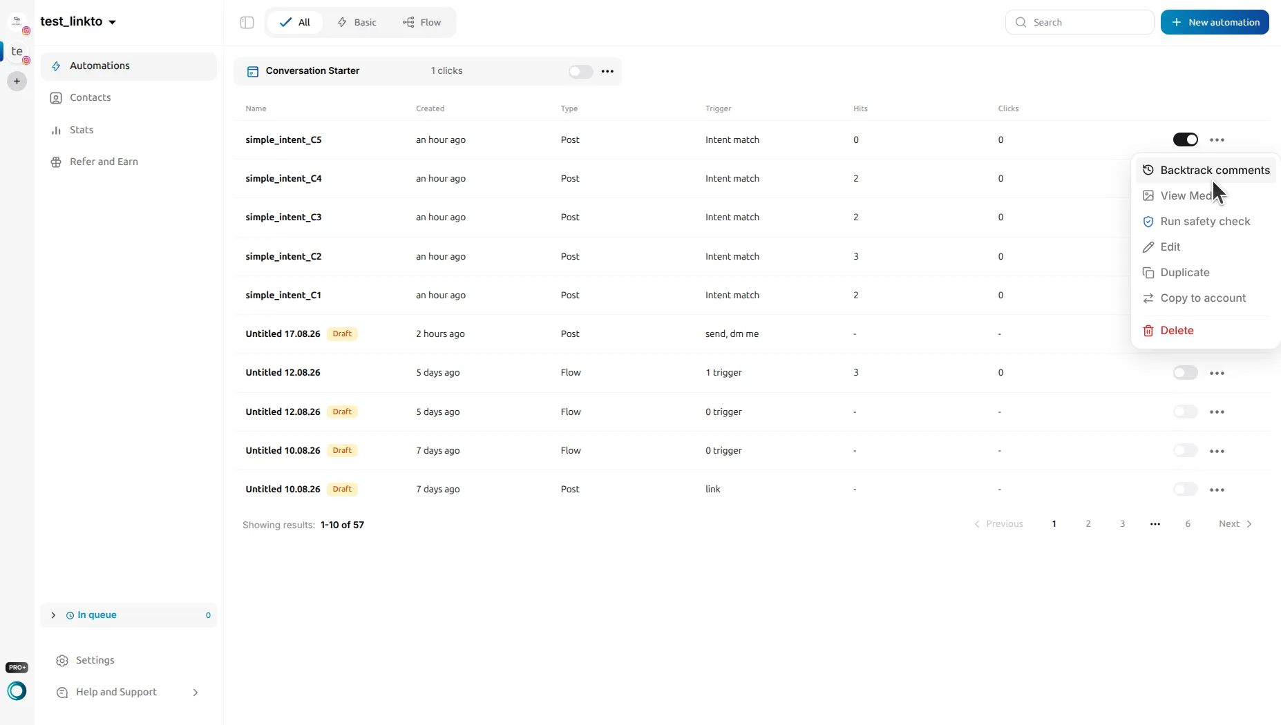 LinktoDM Automations list with a row's ··· menu open, showing Backtrack comments above View Media, Run safety check, Edit, Duplicate, Copy to account and Delete