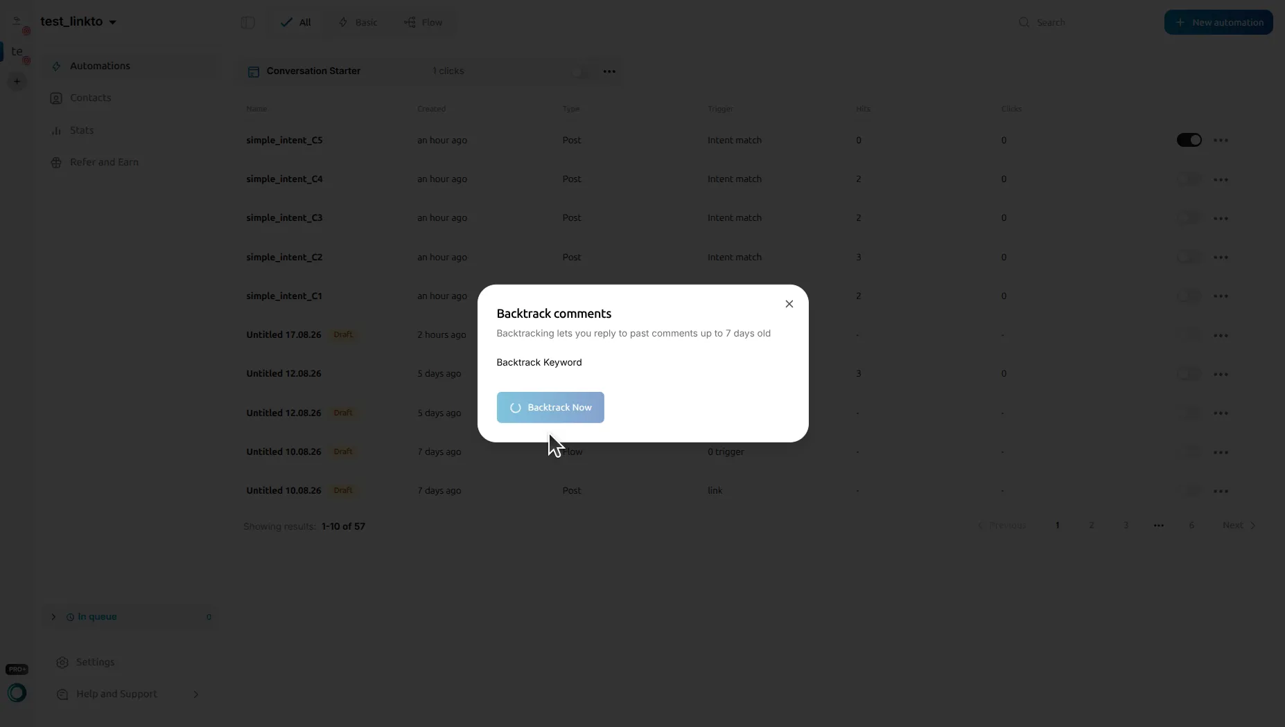 LinktoDM Backtrack comments dialog with the Backtrack Now button showing a spinner while the run is in progress