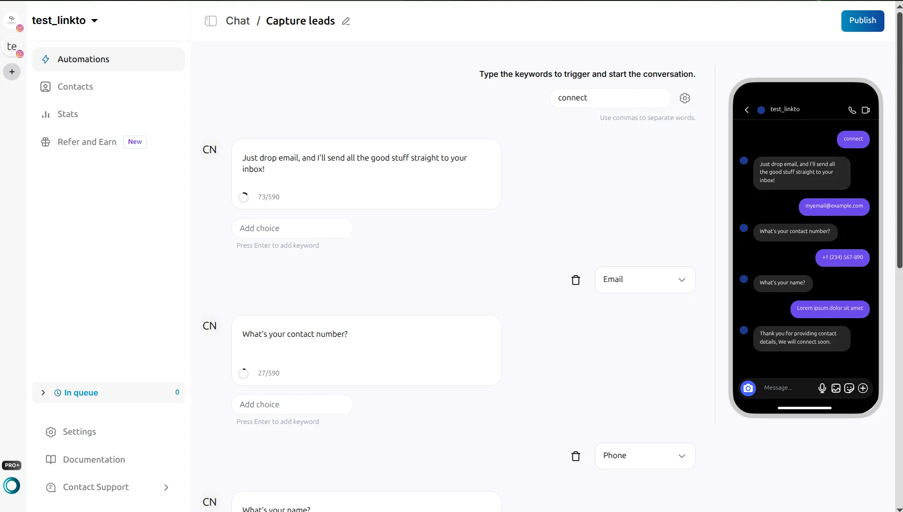 LinktoDM chat editor opened from the Capture leads template, with the trigger 'connect', a message asking for an email, an Email collect field, a message asking for a contact number, a Phone collect field, and a further step asking for a name