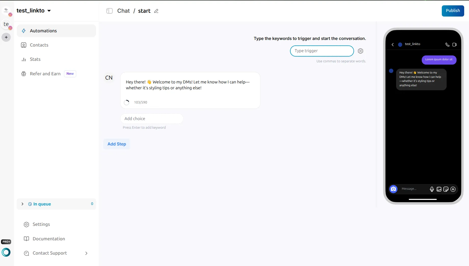 LinktoDM chat automation editor with a trigger field reading Hello, a first message step at 54 of 590 characters, an Add choice field, an Add Step button, and a phone preview showing the reply