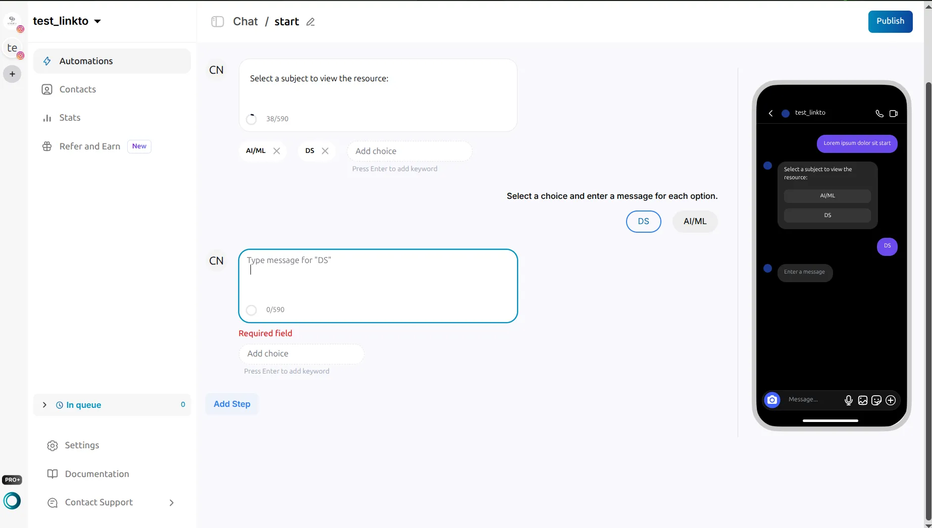 LinktoDM chat step with the message 'Select a subject to view the resource:', choice chips for AI/ML and DS, a row of branch tabs with DS selected, and an empty required message box for the DS branch