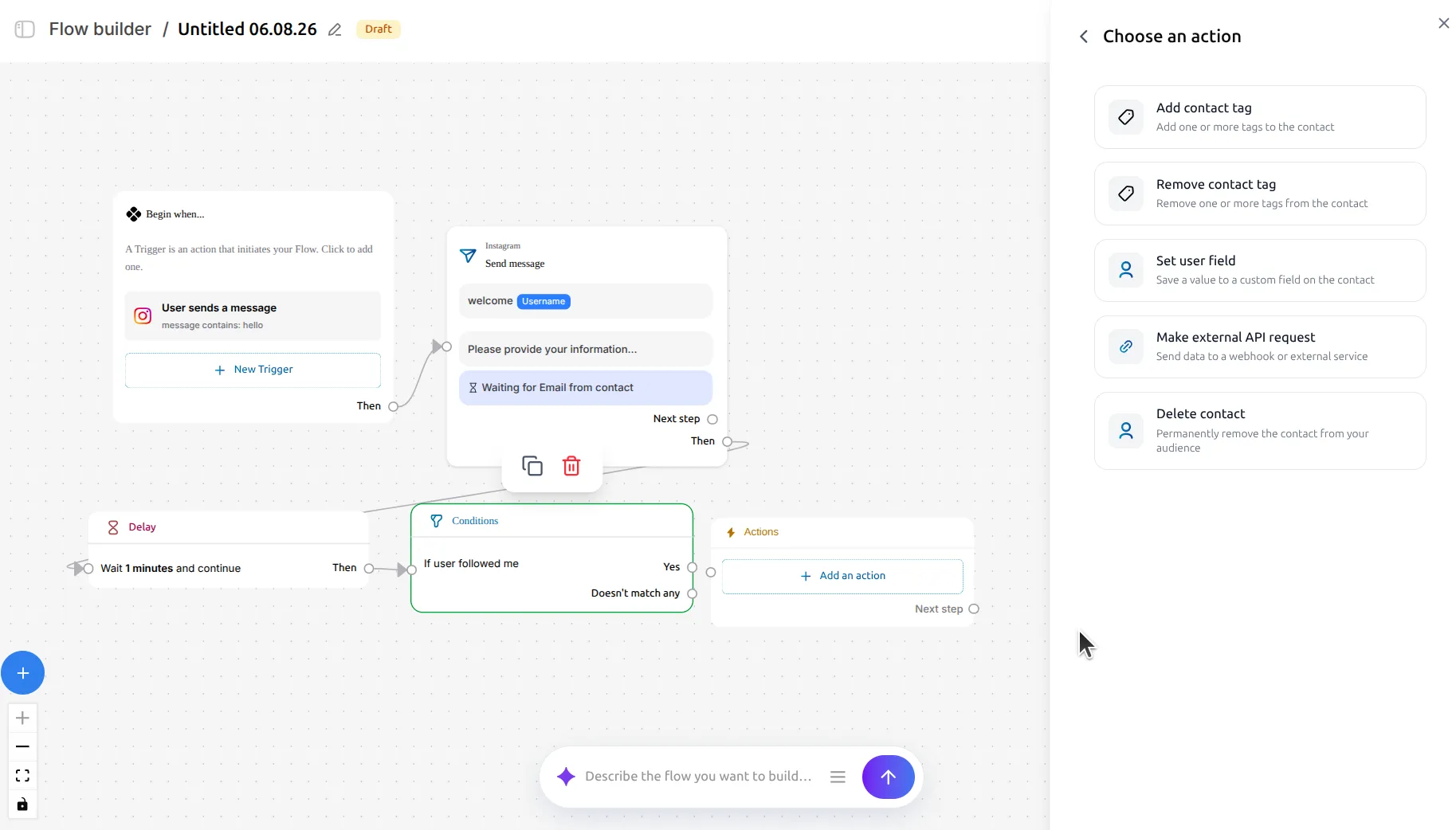 LinktoDM Choose an action panel listing Add contact tag, Remove contact tag, Set user field, Make external API request and Delete contact