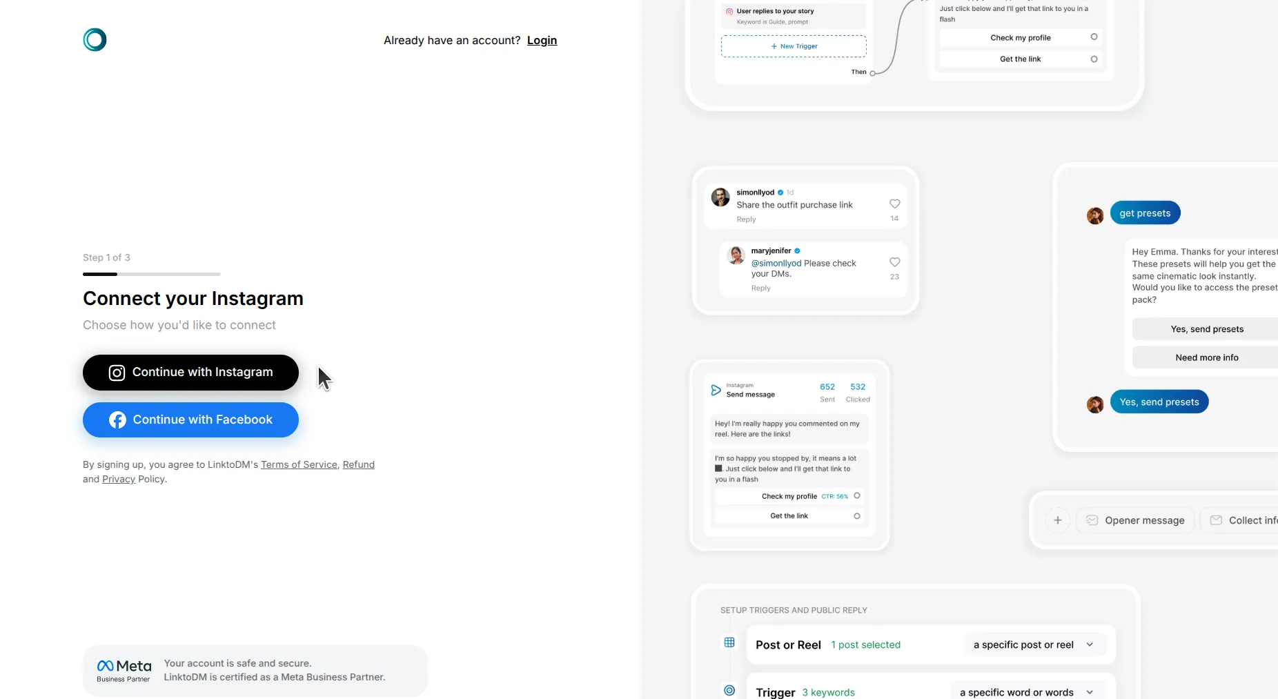 LinkToDM Connect your Instagram screen with 'Continue with Instagram' and 'Continue with Facebook' buttons