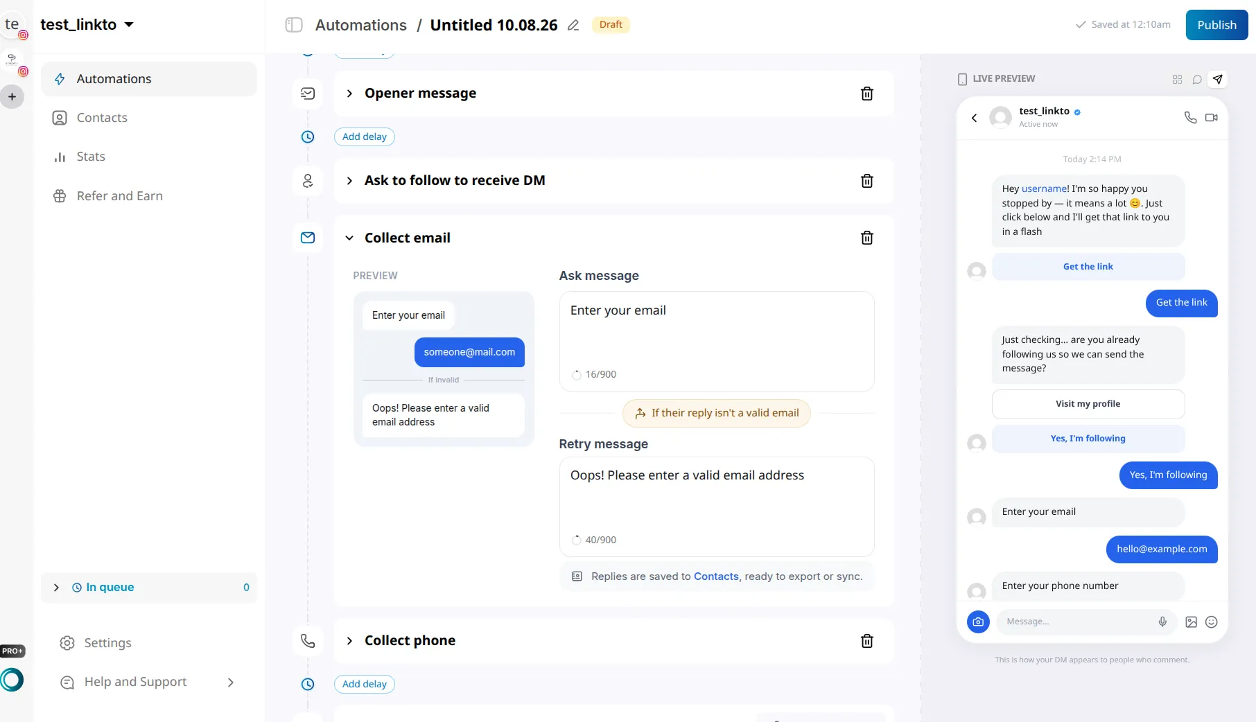 LinktoDM Collect email step with an Ask message, a Retry message shown when the reply isn't a valid email, and a note that replies save to Contacts