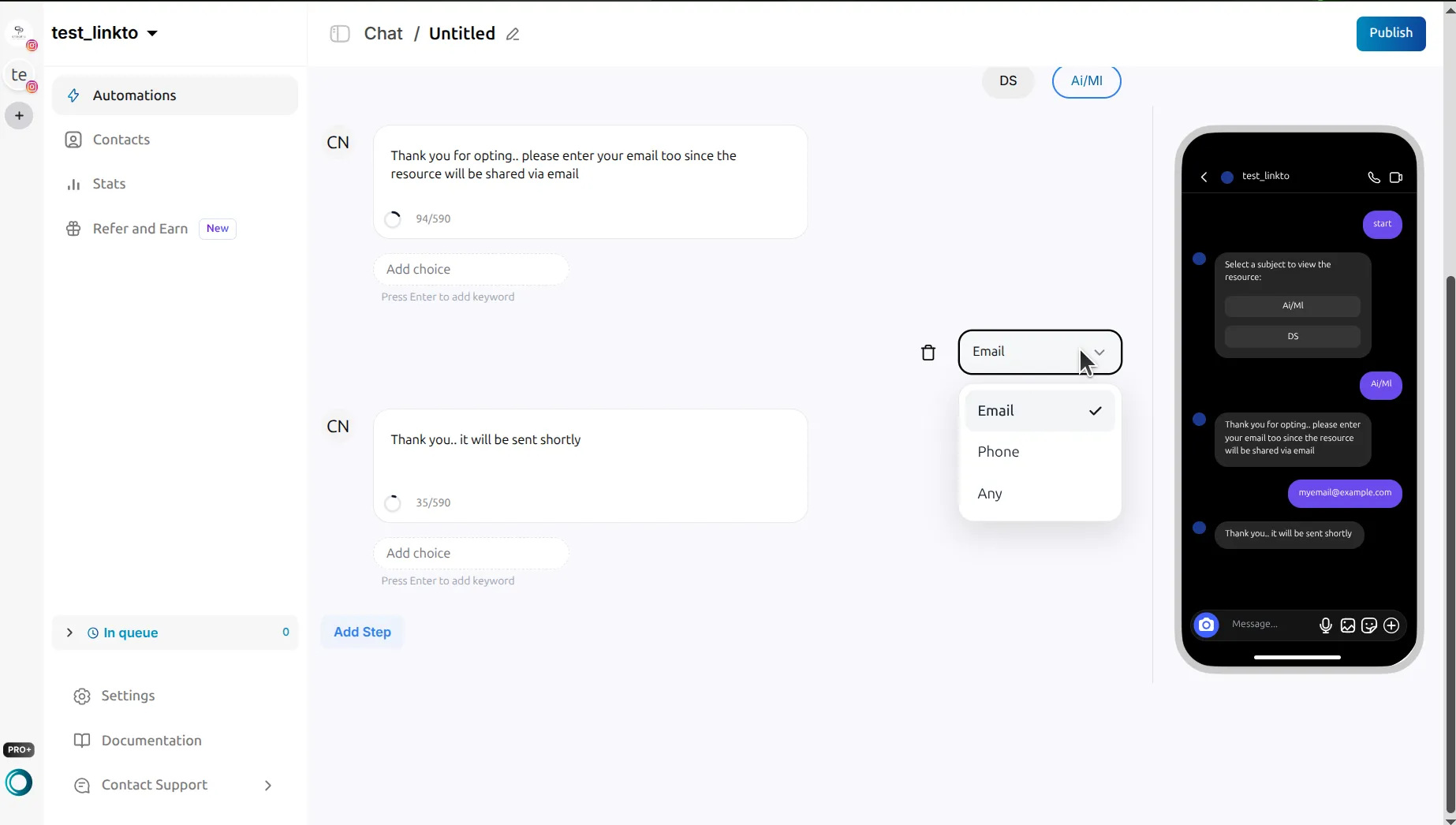 LinktoDM collect field dropdown open showing three options — Email with a tick, Phone, and Any