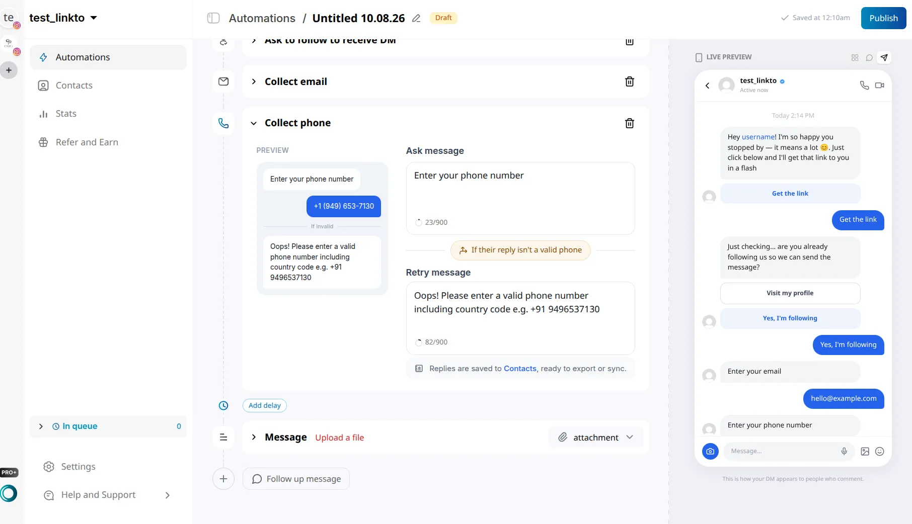 LinktoDM Collect phone step with an Ask message, a retry message asking for a country code, and a preview showing an entered number