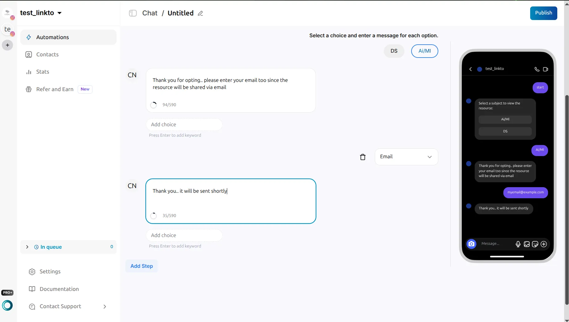 LinktoDM chat branch with a message asking for an email, an Email collect field with a delete icon beside it, and a follow-on 'Thank you.. it will be sent shortly' message, with the preview showing the captured address