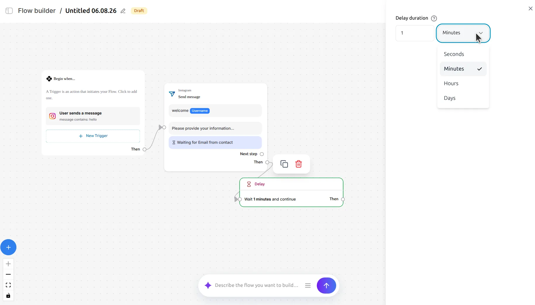 LinktoDM Delay node panel with the duration unit dropdown open on Seconds, Minutes, Hours and Days