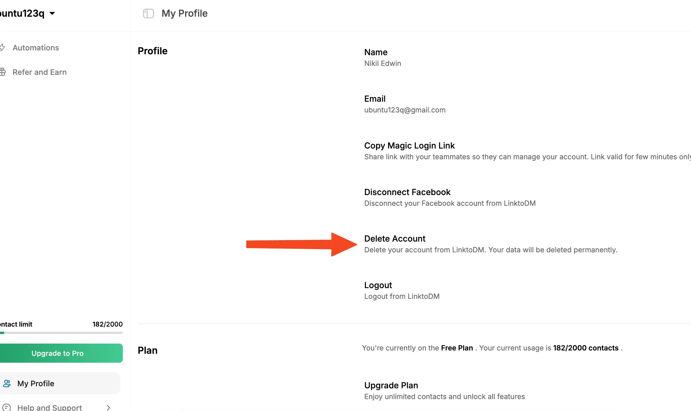 LinkToDM My Profile page with the Delete Account option highlighted