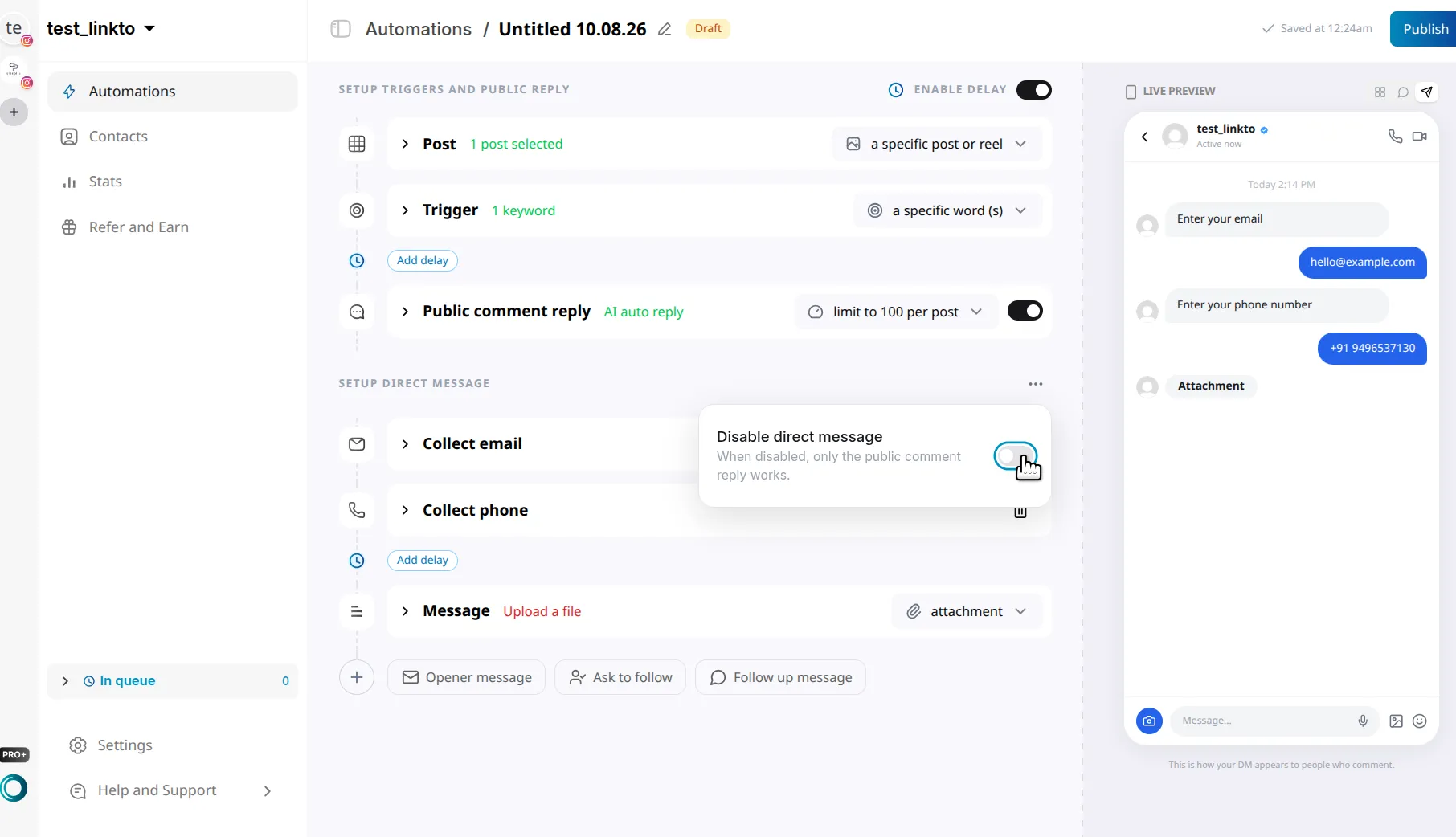 LinktoDM Disable direct message toggle in a popover, with the note that only the public comment reply works when disabled