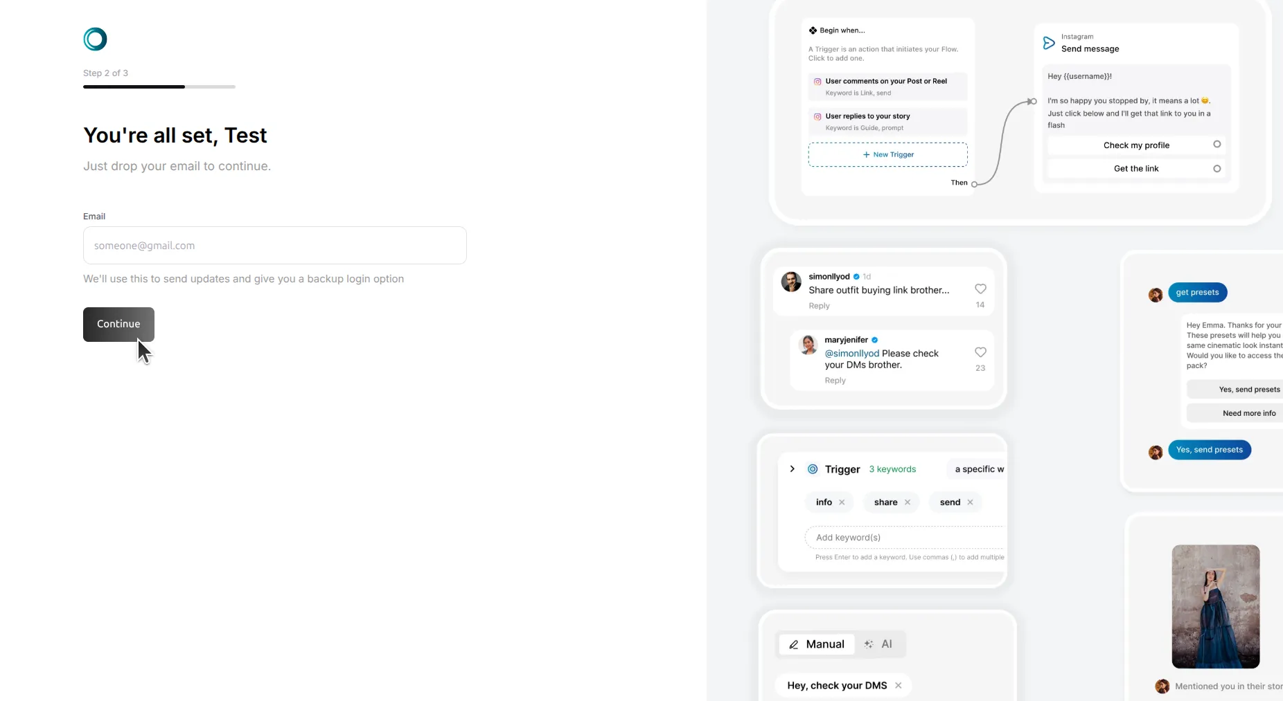 LinkToDM onboarding step two asking for an email address
