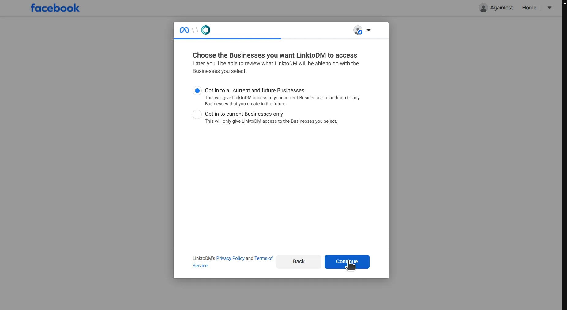 Facebook screen offering to opt in to all current and future Businesses, or to current Businesses only