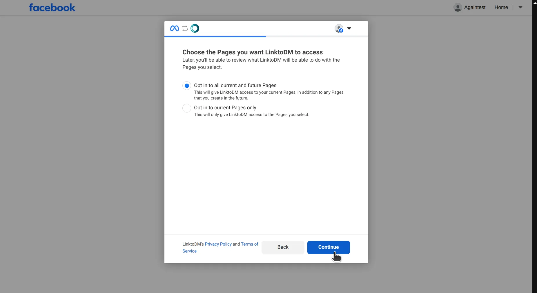 Facebook screen offering to opt in to all current and future Pages, or to current Pages only