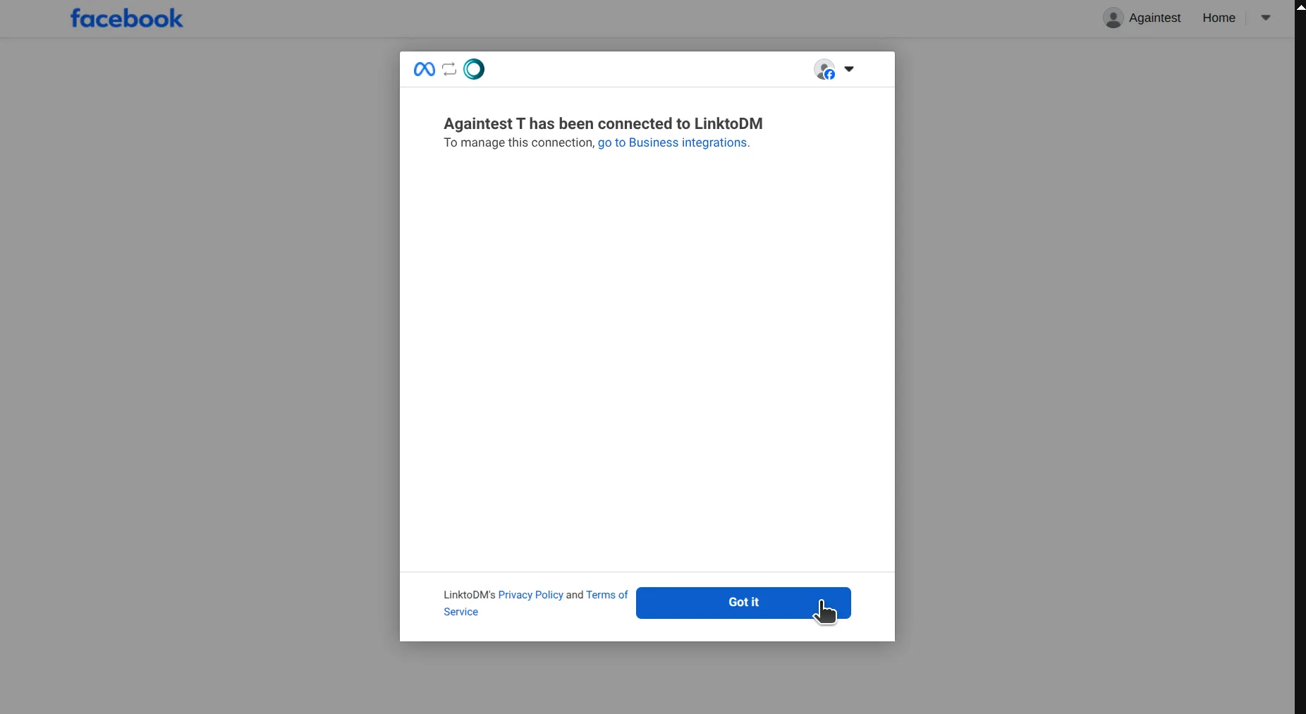 Facebook confirmation that the account has been connected to LinkToDM