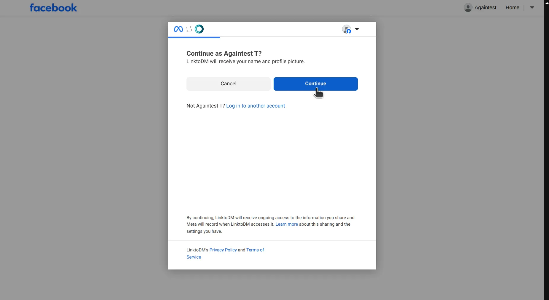 Facebook dialog asking whether to continue as the logged-in user, showing that LinkToDM will receive name and profile picture