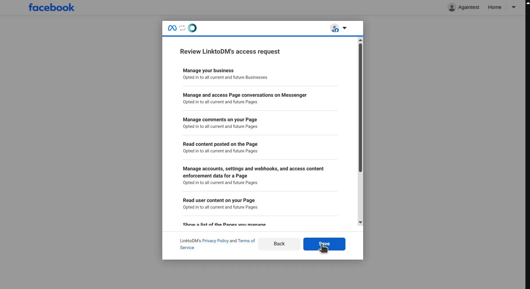 Facebook review screen listing the permissions LinkToDM is requesting, including managing Page conversations and comments