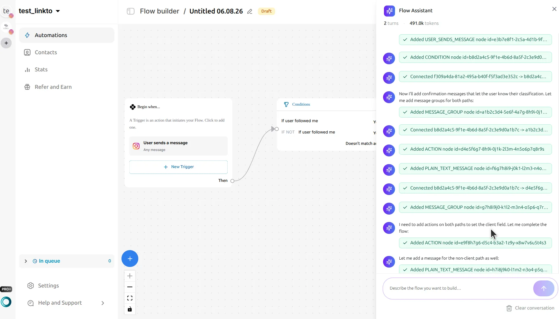 LinktoDM Flow Assistant listing the nodes it has added and connected while the flow appears on the canvas