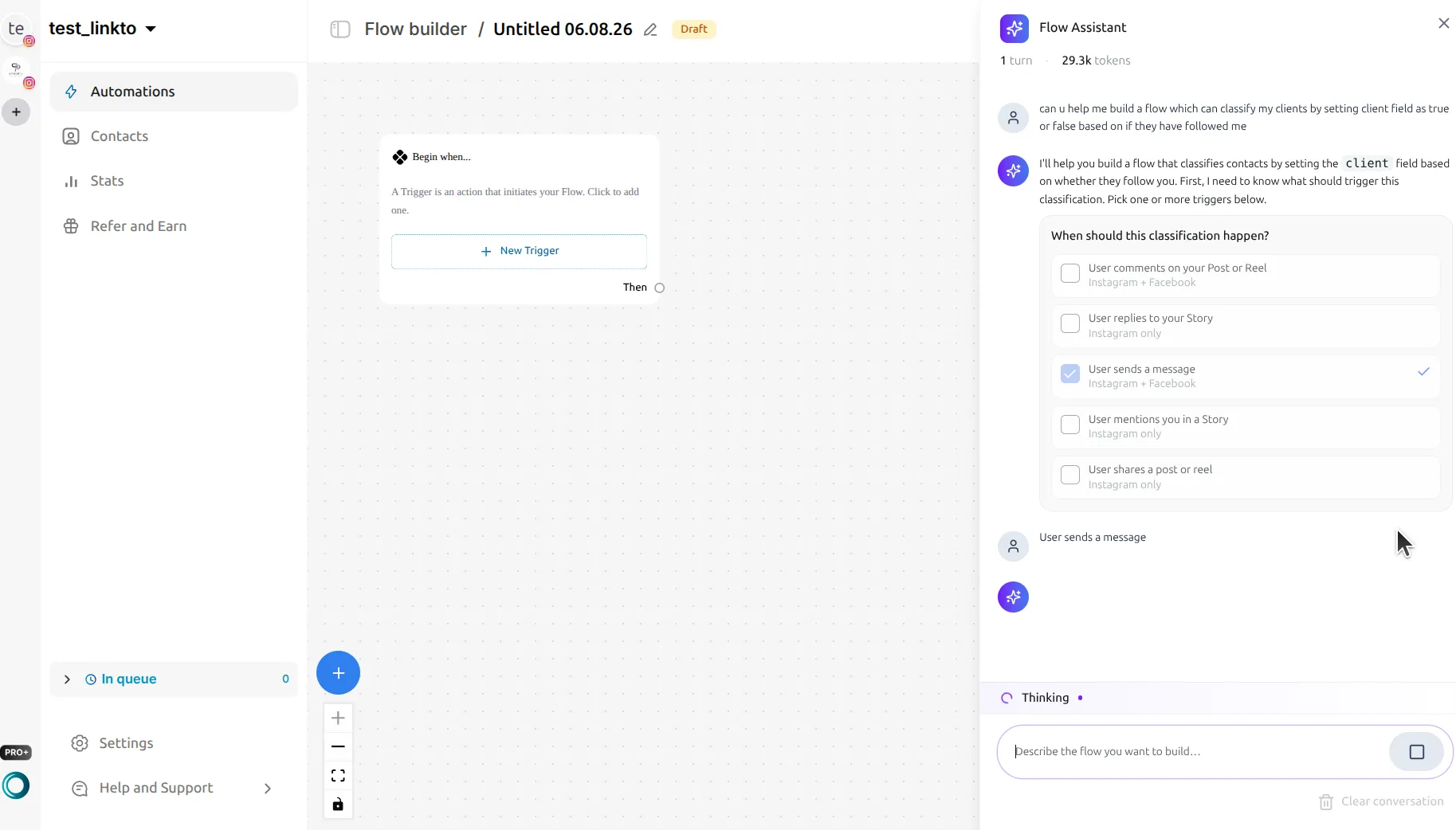 LinktoDM Flow Assistant asking when a classification should happen, with the five trigger events as checkboxes