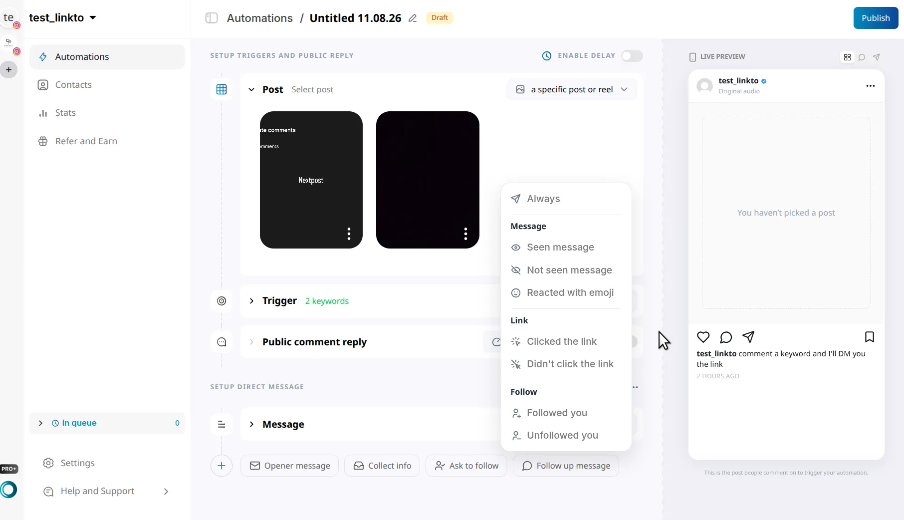 LinktoDM follow-up condition menu listing Always, then Message conditions, Link conditions and Follow conditions