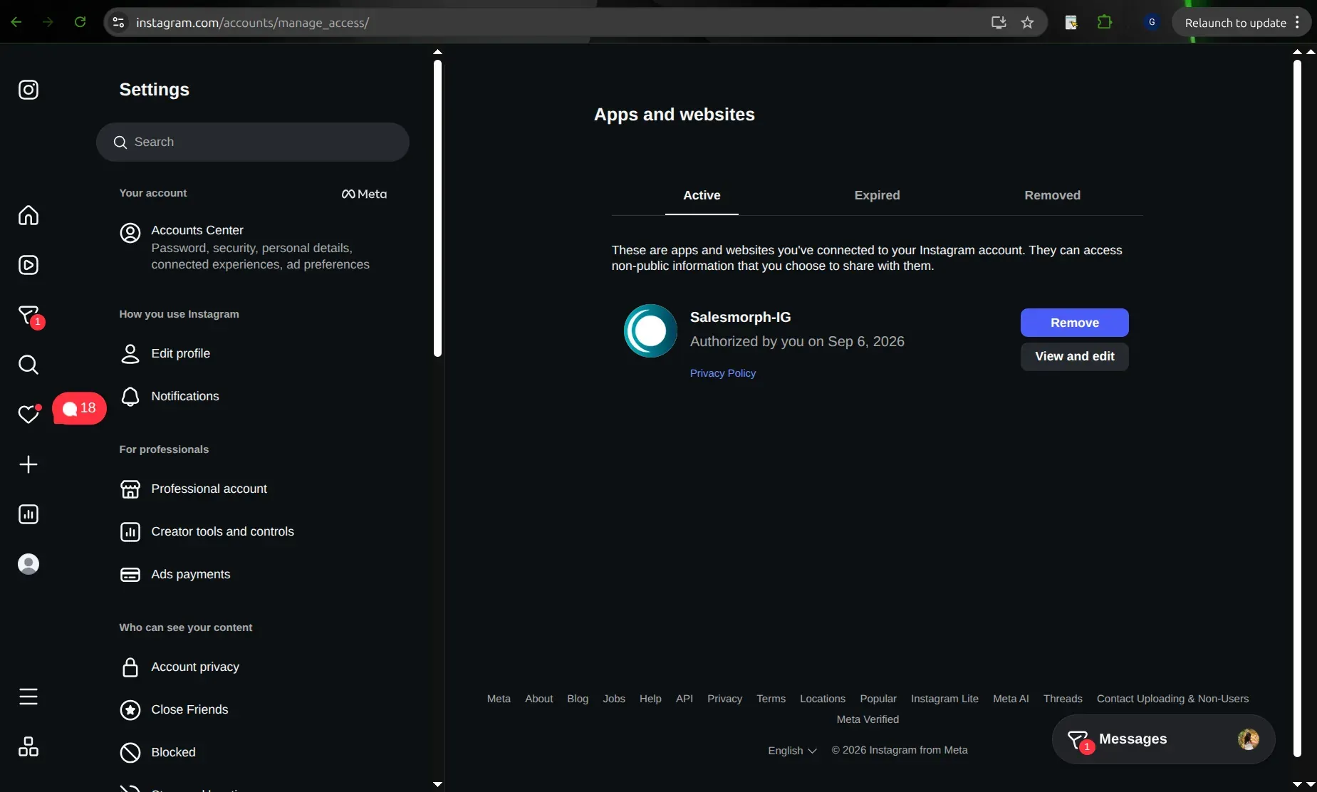 Instagram's Apps and websites settings on the web, Active tab, showing one connected app with Remove and View and edit buttons