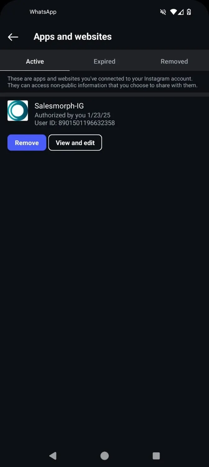 Instagram Apps and websites screen showing the LinkToDM entry with a View and edit option