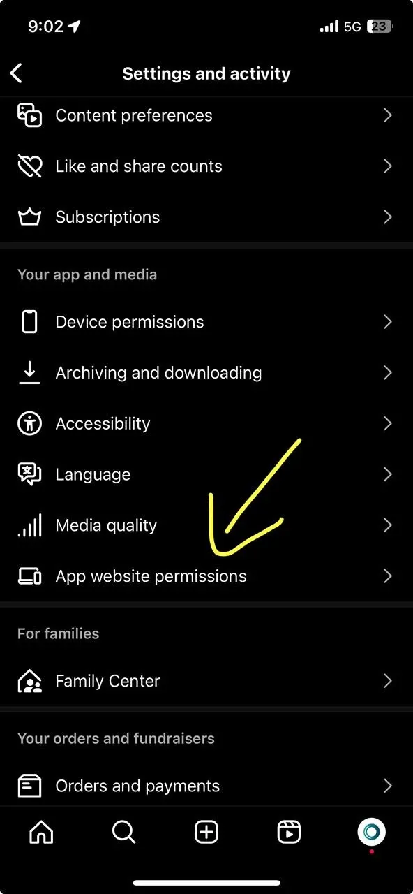 Instagram Settings and activity with App website permissions highlighted