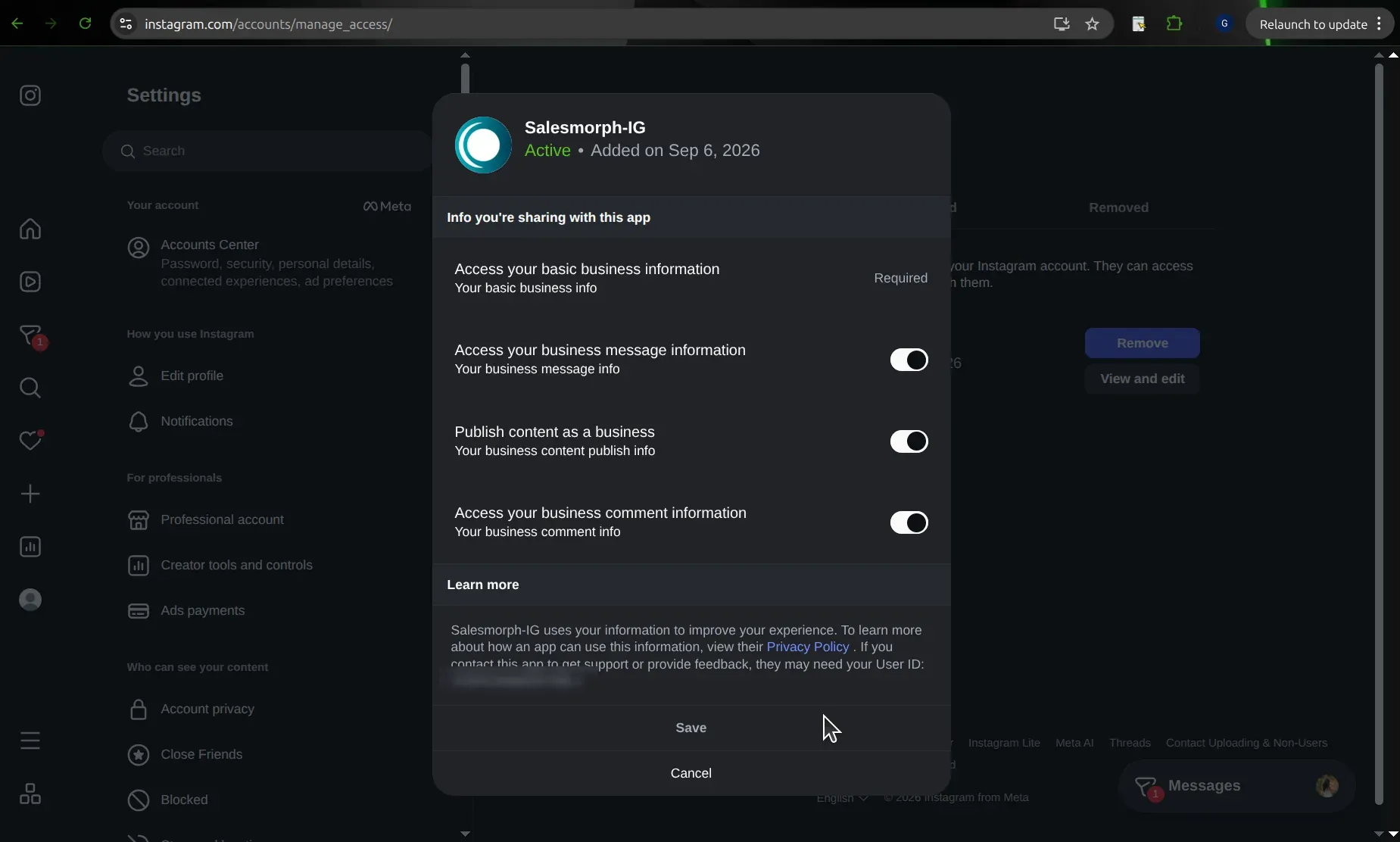 The View and edit dialog for our app on Instagram, listing basic business information as Required and toggles for business message information, publish content as a business, and business comment information, all switched on