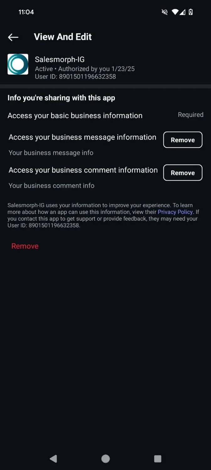 The View and edit screen for LinkToDM permissions, with the Remove button