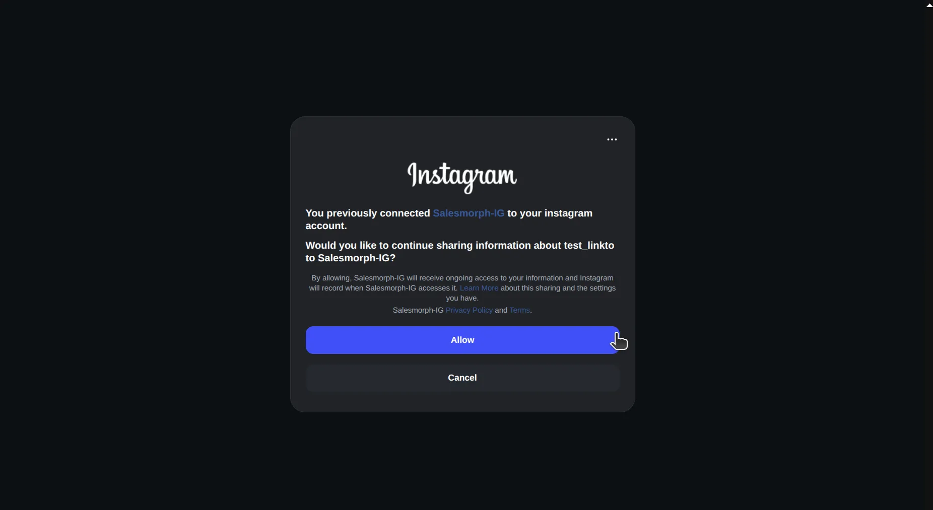 Instagram permission dialog asking whether to continue sharing information with the app, with Allow and Cancel