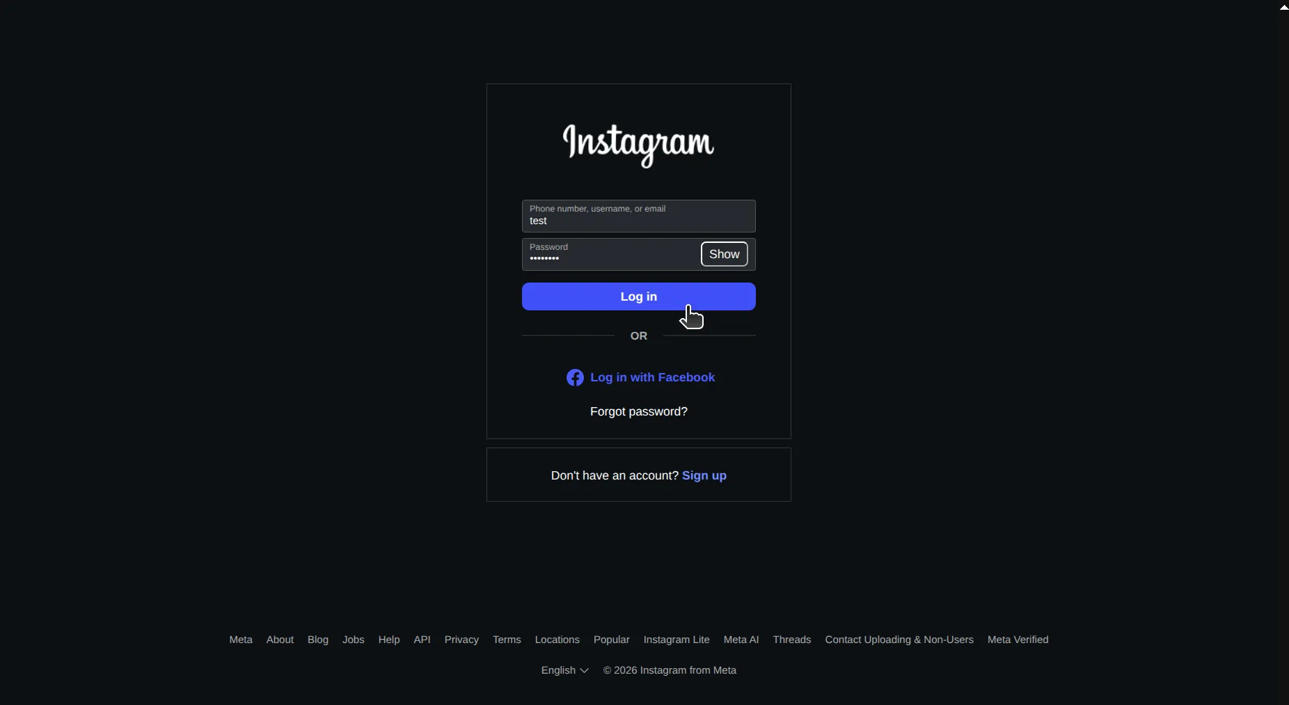 Instagram login screen asking for username and password