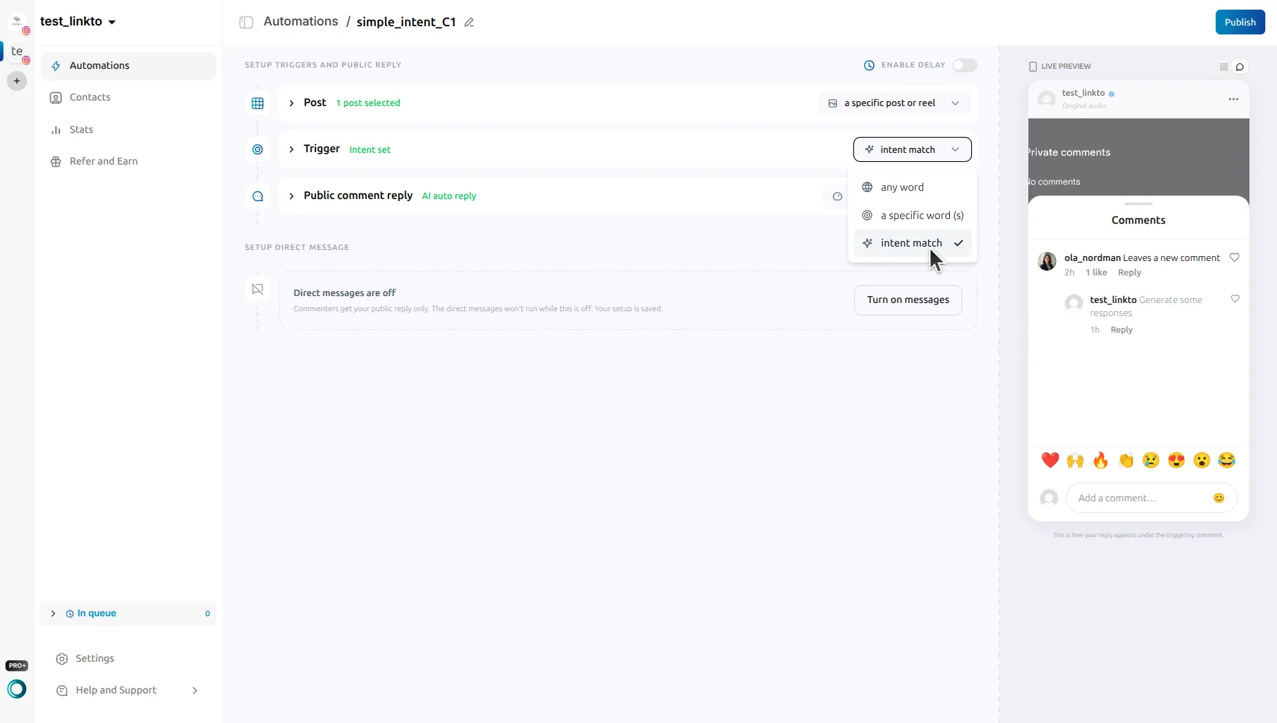 LinktoDM Trigger card with the trigger dropdown open, showing any word, a specific word(s) and intent match, with intent match ticked