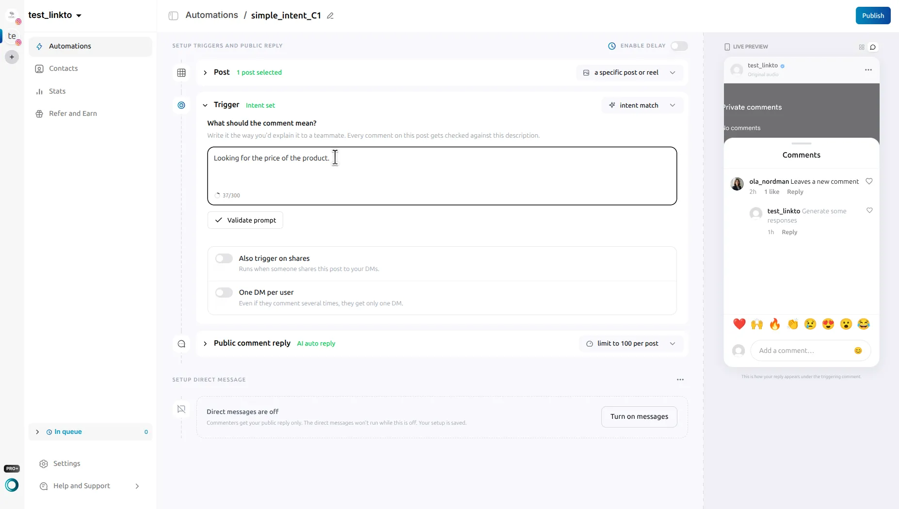 LinktoDM Trigger card in intent match mode, with the description 'Looking for the price of the product.' typed into the What should the comment mean field, a 37/300 counter and a Validate prompt button