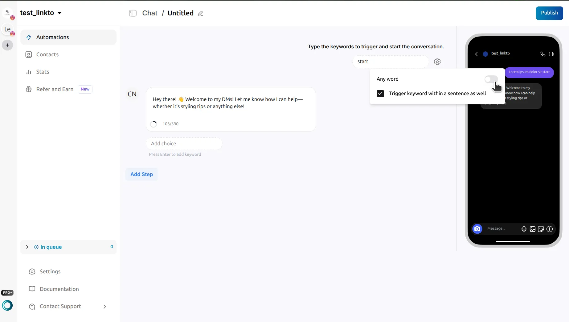 LinktoDM chat trigger settings popover with an Any word toggle switched off and a checked box reading 'Trigger keyword within a sentence as well'