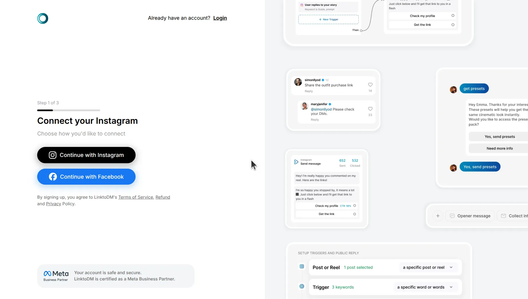 LinktoDM Connect your Instagram screen with Continue with Instagram and Continue with Facebook buttons