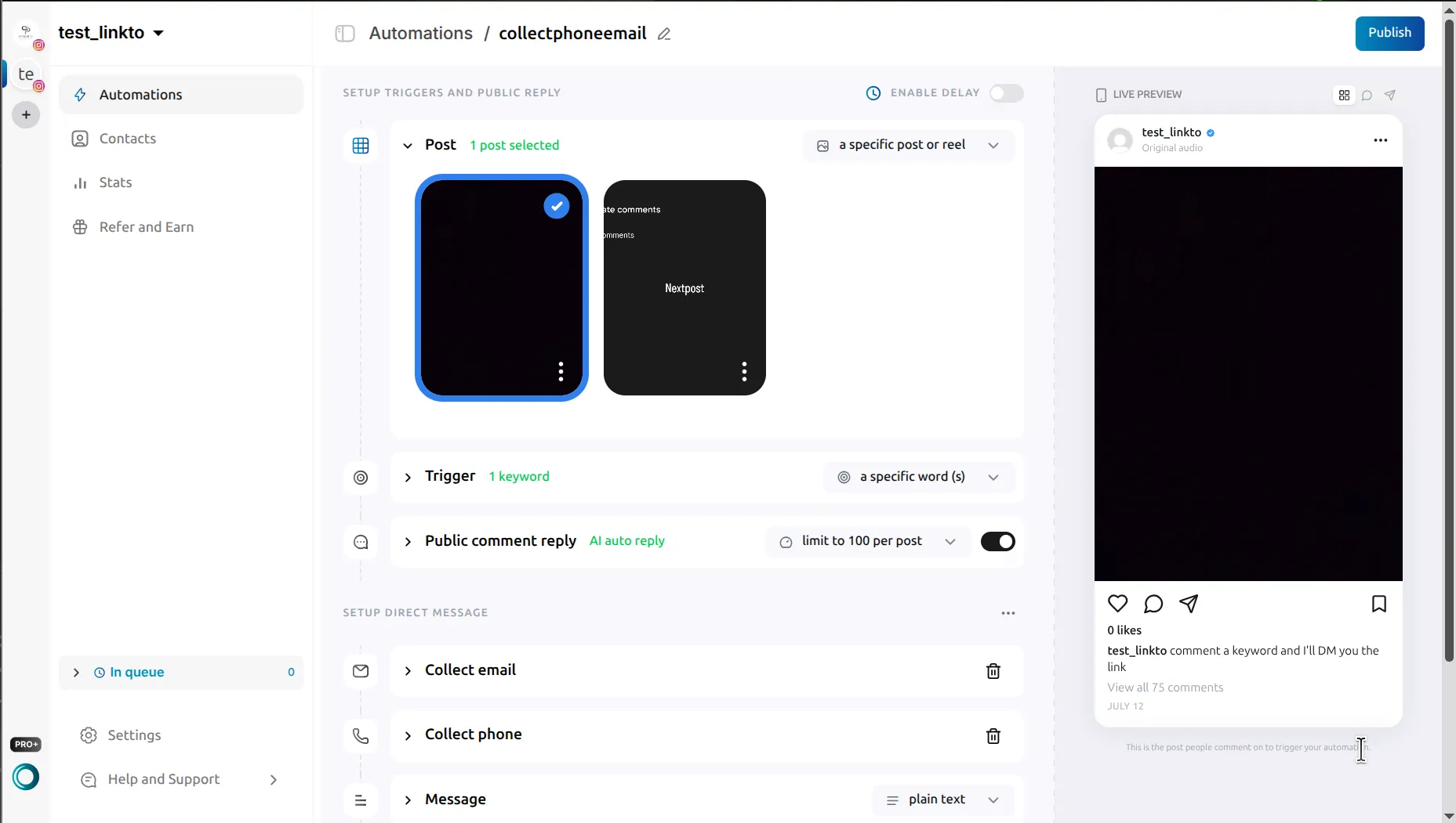LinktoDM post automation editor for collectphoneemail, showing a selected post, a specific-word trigger, an AI public comment reply, and Collect email, Collect phone and Message steps in the DM