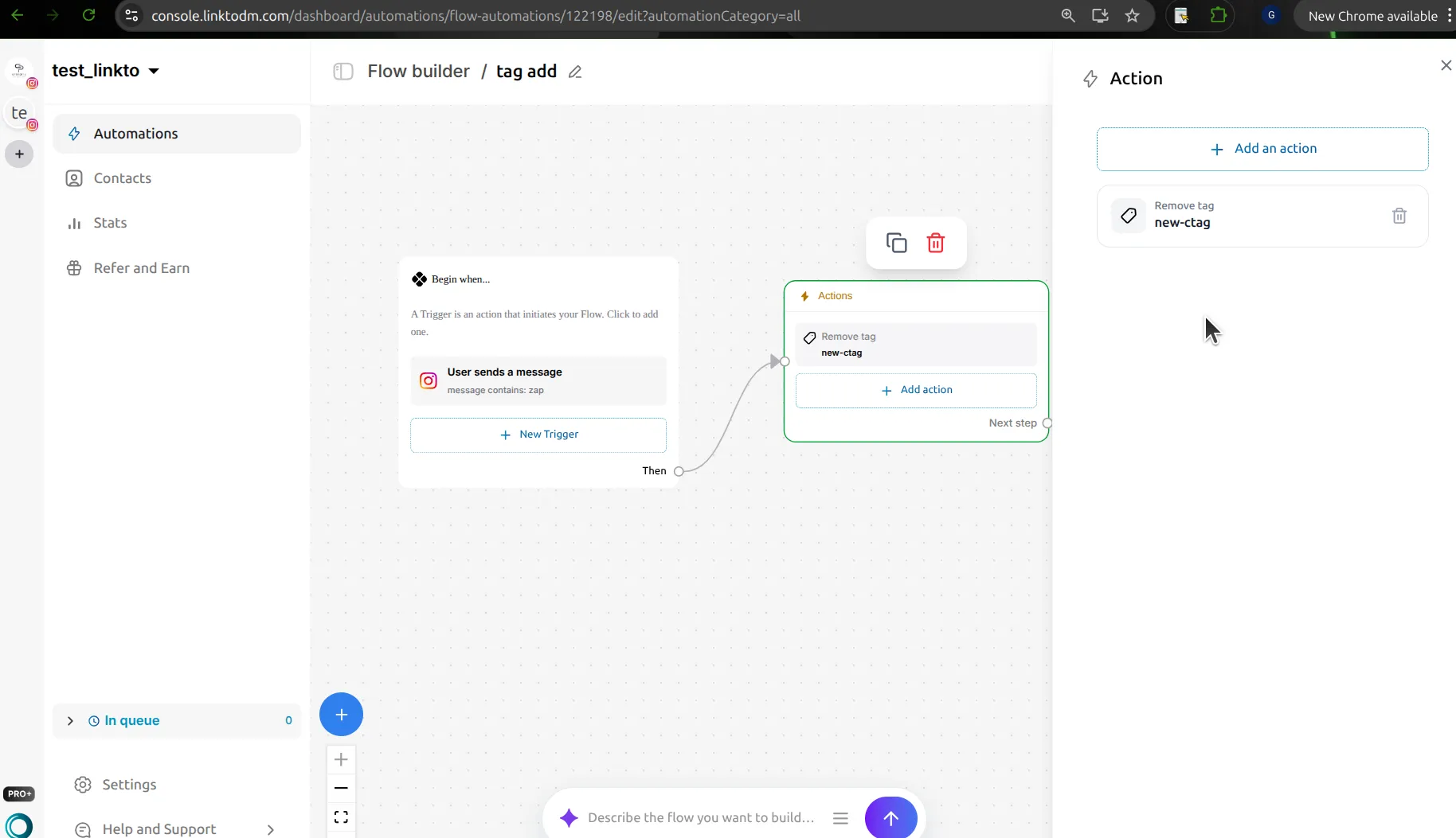 LinktoDM Flow builder canvas with a User sends a message trigger wired to an Actions node holding a Remove tag action for the tag new-ctag, and the Action side panel open